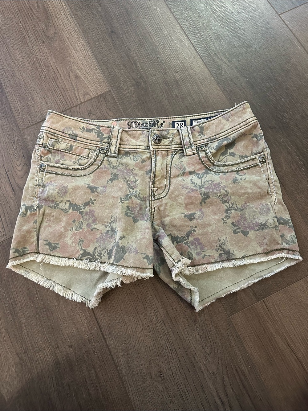 Miss Me Floral Camouflage Print Denim Shorts in Tan and Pink